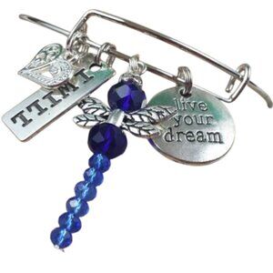 HAND CRAFTED Blue Dragonfly Adjustable Wire Bangle Charm Bracelet